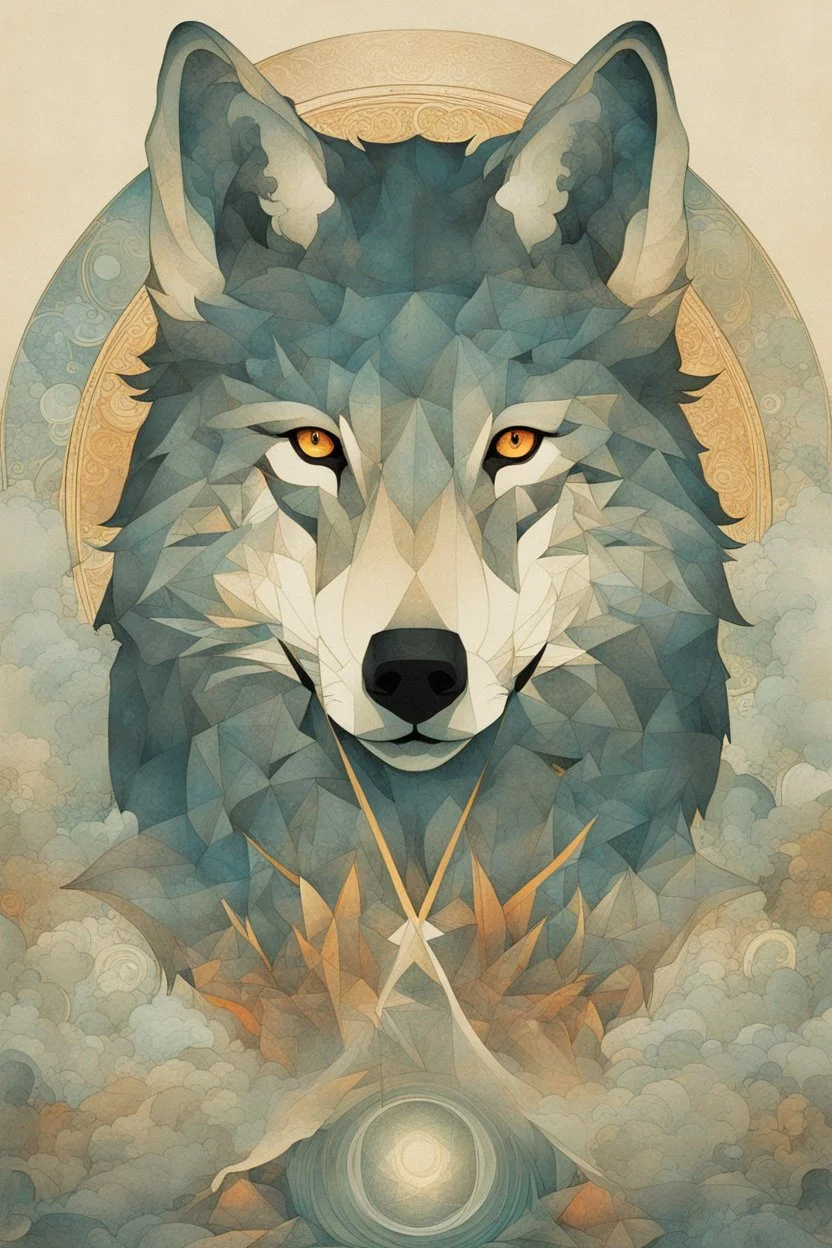 portrait of a mystic wolf facing forward, smoke covering face, by Alphonse Mucha, by victo ngai, by Hokusai, sacred geometry, medicine, sacred