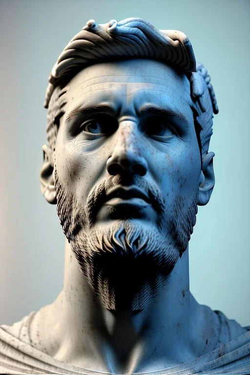 Ultra Realistic image, roman sculpture, luxury white marble material, Lionel Messi, leaves Laurel crown, miguel angel style, chisel style, soccer jersey, waist up portrait, epic, celestial, cinematic lighting, God light, god rays, 4k resolution, smooth details, ornate details, soft lighting, unreal engine 5, sky background.