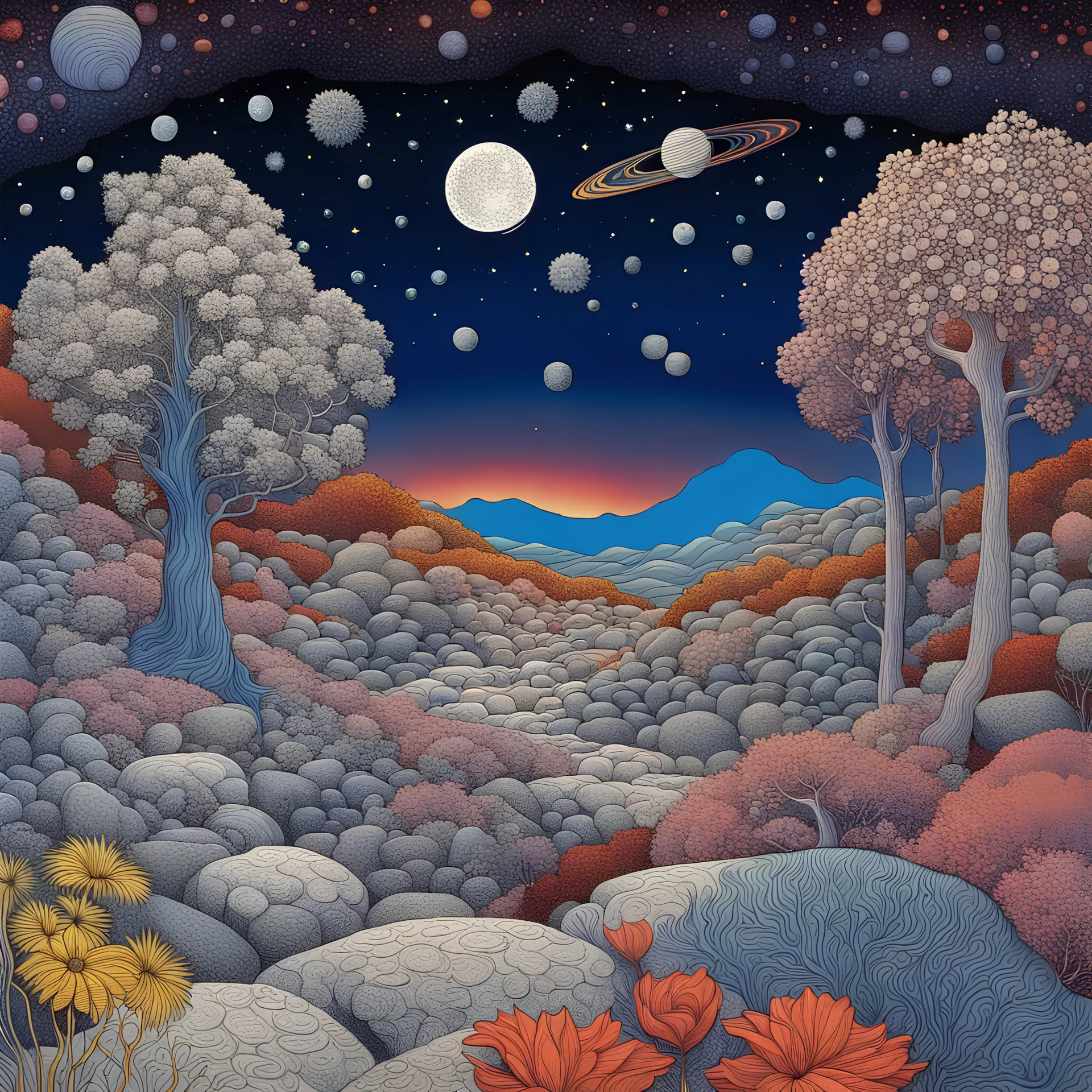 Colourful, peaceful, Max Ernst, night sky filled with galaxies and stars, rocks, trees, flowers, one-line drawing, sharp focus, 8k, deep 3d field, intricate, ornate