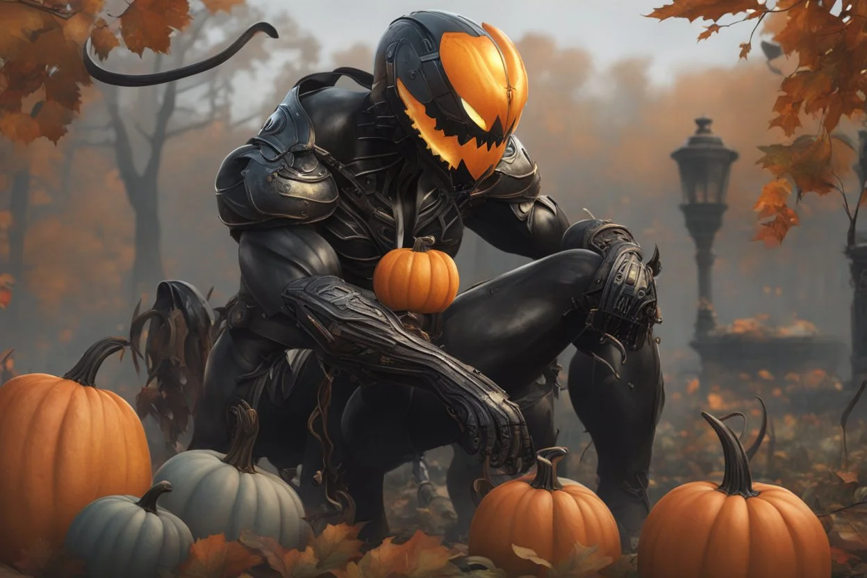 venom machine with pumpkin helmet in 8k nier automata artstyle, halloween them, pumpkin helmet, close picture, fantasy world, intricate details, highly detailed, high details, detailed portrait, masterpiece,ultra detailed, ultra quality