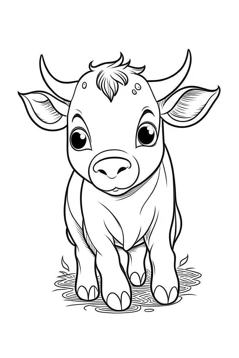 cute coloring page, sketch style, cute baby cow in the farm, cute cartoon, white and black, withe background, no shadows, outline.