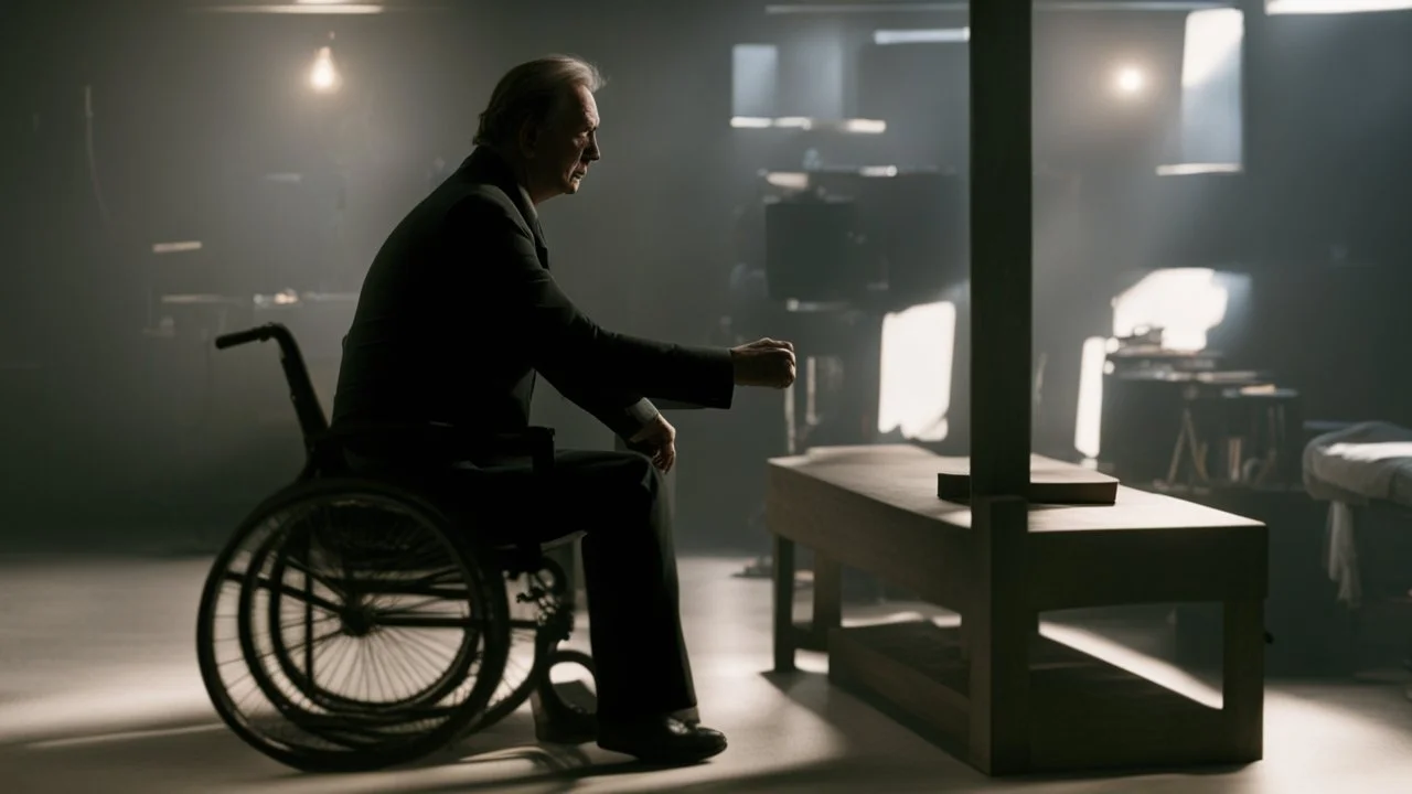 ، يظهر رجل جالس على كرسي في غرفة مظلمة. وجهه غير واضح، لكن يمكن رؤية عينيه مغمضتين. الرجل يرتدي ملابس سوداء،