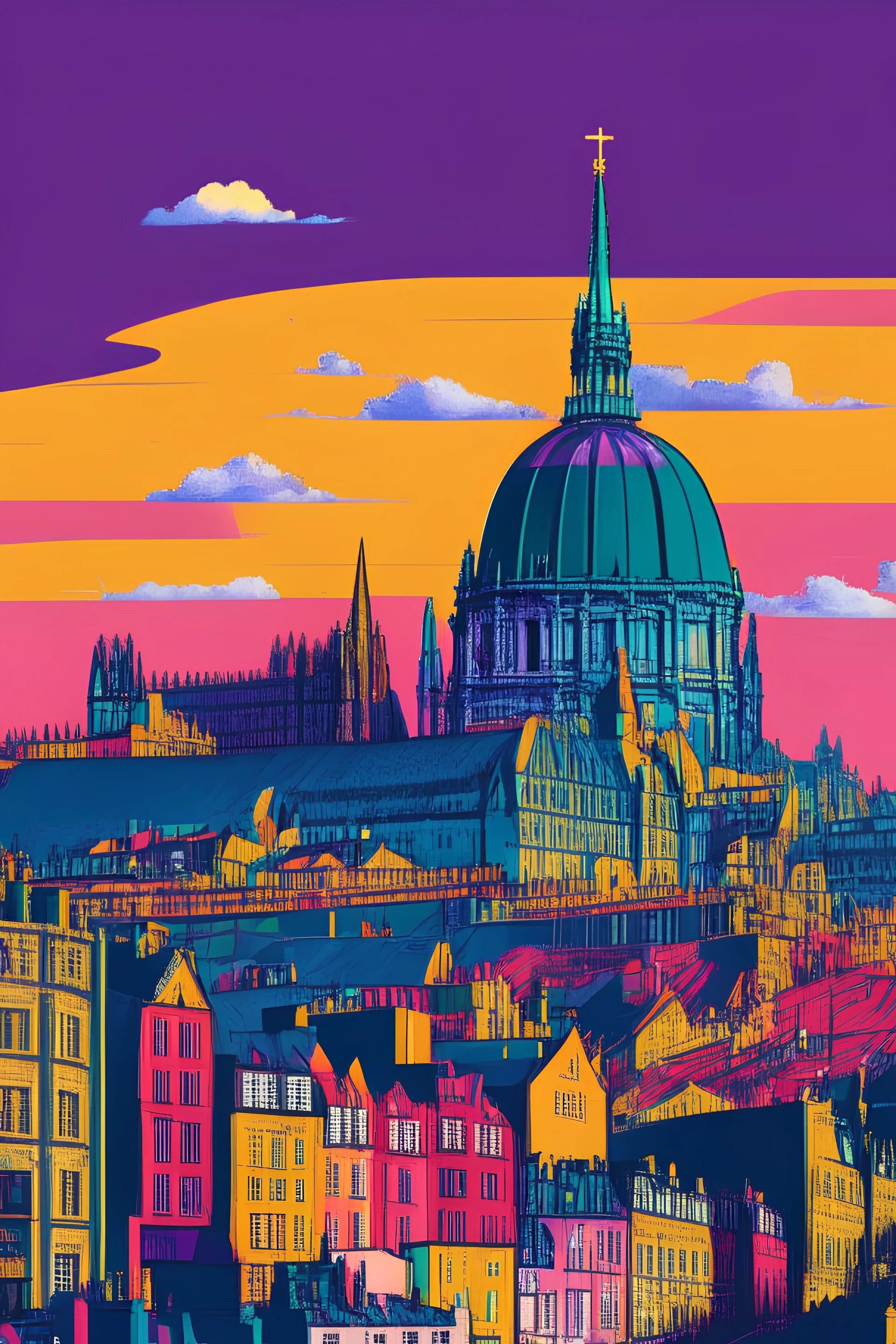 Illustration of Edinburgh in the style of Jonathan Ball, vivid colors, details