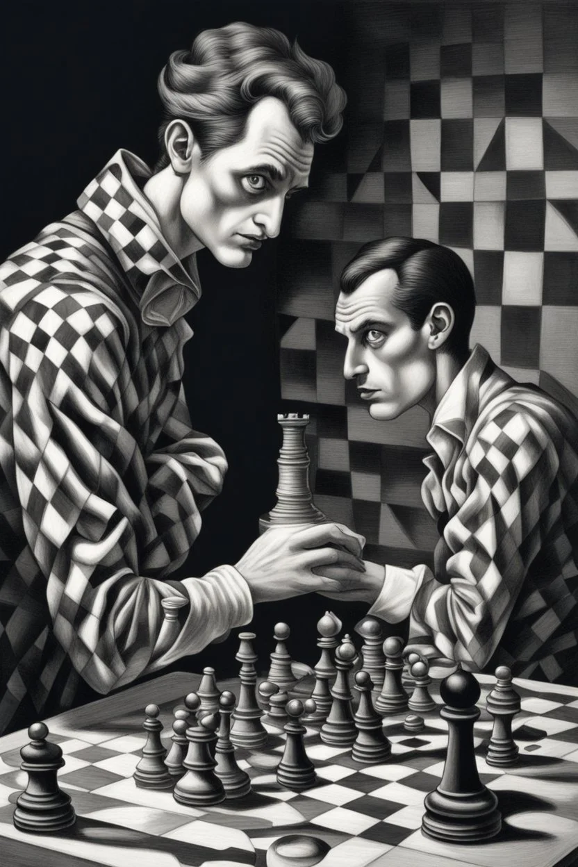 harlequin playing chess with a confused look on his face, in the style of Escher