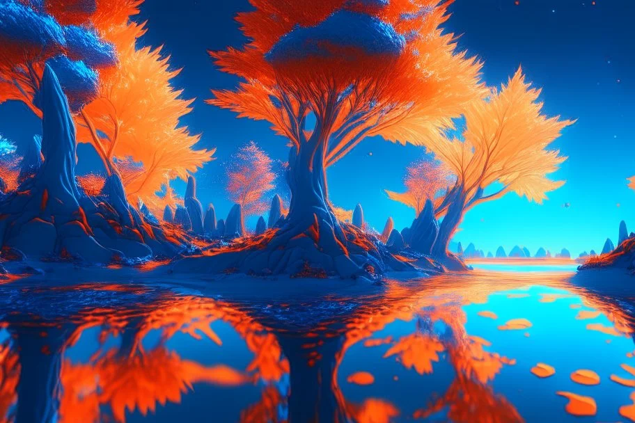 orange and blue crystal cosmic and galactic ambiance sky trees river lake surreal, full of details, smooth, bright sunshine，soft light atmosphere, light effect，vaporwave colorful, concept art, smooth, extremely sharp detail, finely tuned detail, ultra high definition, 8 k, unreal engine 5, ultra sharp focus