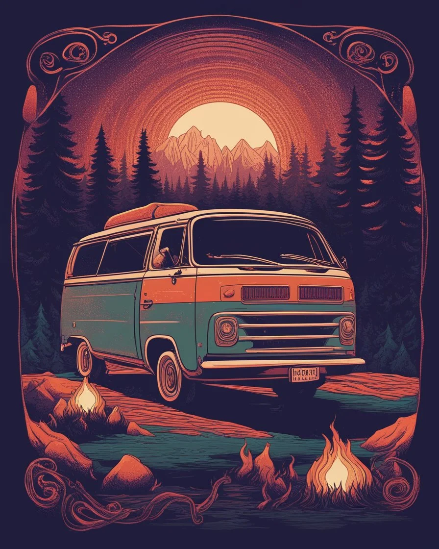 /imagine prompt: Campfire Van::2 Art Nouveau, Pointillism, Iconography, Warm hues, Magical realism, synthwave:: t-shirt vector, center composition graphic design, plain background::2 mockup::-2 --upbeta --ar 1:1