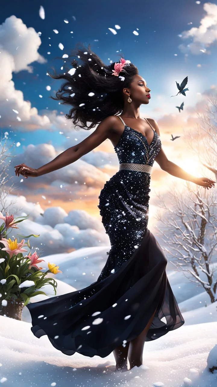 The camera zooms in, focusing sharply on very beautiful black godus girl with make up Lily wearing pretty dress as she dances gracefully in the same romantic environment with flowers and sky with nice clouds. Her joy and youth are presented against the backdrop of the surreal surroundings.a snow covered tree sitting on top of a snow covered slope, detailed swirling water tornado, national geographic footage, inspired by Sim Sa-jeong, by Huang Tingjian, still from a 2015 pixar movie, infrared ca