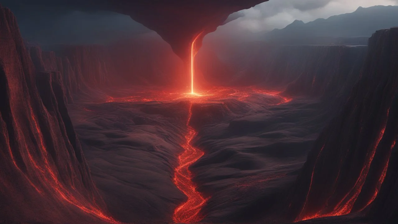 A valley with a crack in the side full of hot magma. dark fantasy concept art, exquisite realism, a masterpiece, dynamic lighting, hyperdetailed, intricately detailed, deep color, Unreal Engine, volumetric lighting , Epic cinematic brilliant stunning intricate meticulously detailed dramatic atmospheric maximal,