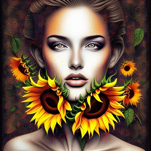 Portrait of a woman, sun and sunflowers, eclectic harmonic dot art