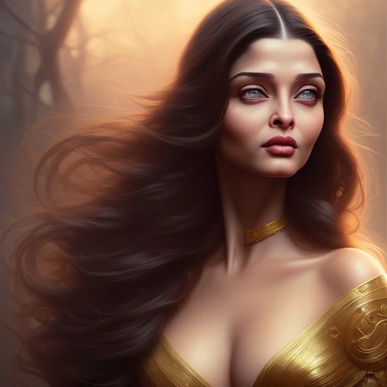 Aishwarya rai , cute, beautiful, long hair, wavy hair, black eyes, head and shoulders portrait, cinematic, 8k, resolution concept art portrait by Greg Rutkowski, Artgerm, WLOP, Alphonse Mucha dynamic lighting hyperdetailed intricately detailed ,golden hour, face closeup