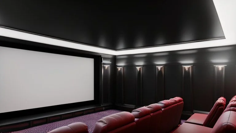 Generate an image of a sleek home cinema with our top-notch projectors and surround sound systems with a star-lined ceiling similar to a Rolls Royce in a high-rise penthouse