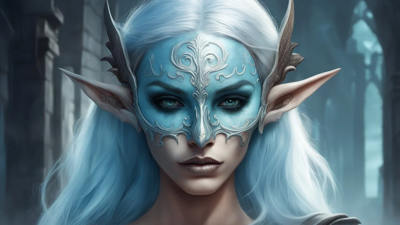 urban fantasy, woman, elf, skull mask, light-blue skin color