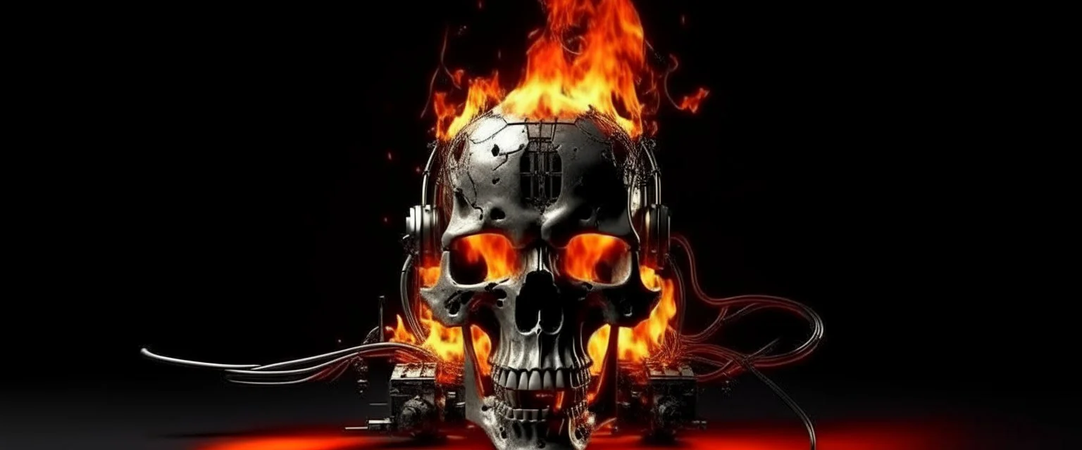 4K. REALISTIC FULL DETAILS. LOGO EMISSION DE RADIO HARDROCK FIRESTARTER TERMINATOR. FLAMMES EN FOND D IMAGE ET STUDIO DE RADIO QUI BRULE