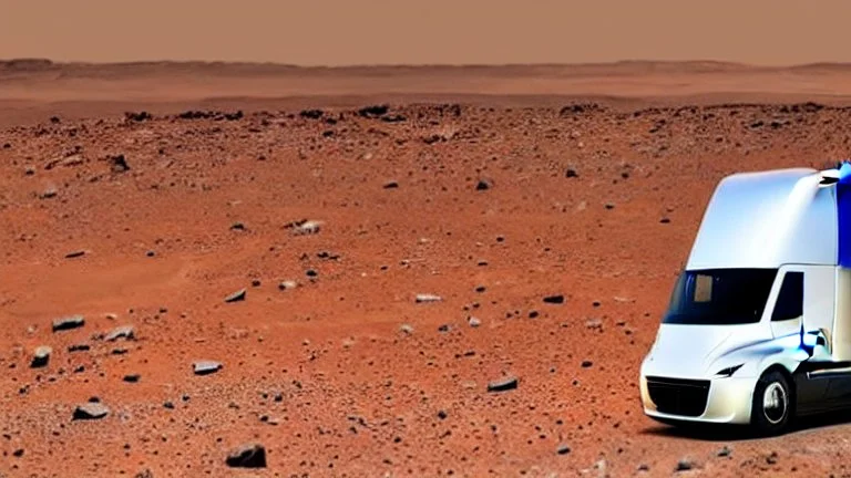 A Tesla semi-truck is parked, in the 'Cydonia' region, on planet Mars. CINEMATIC. WIDE ANGLE LENS.