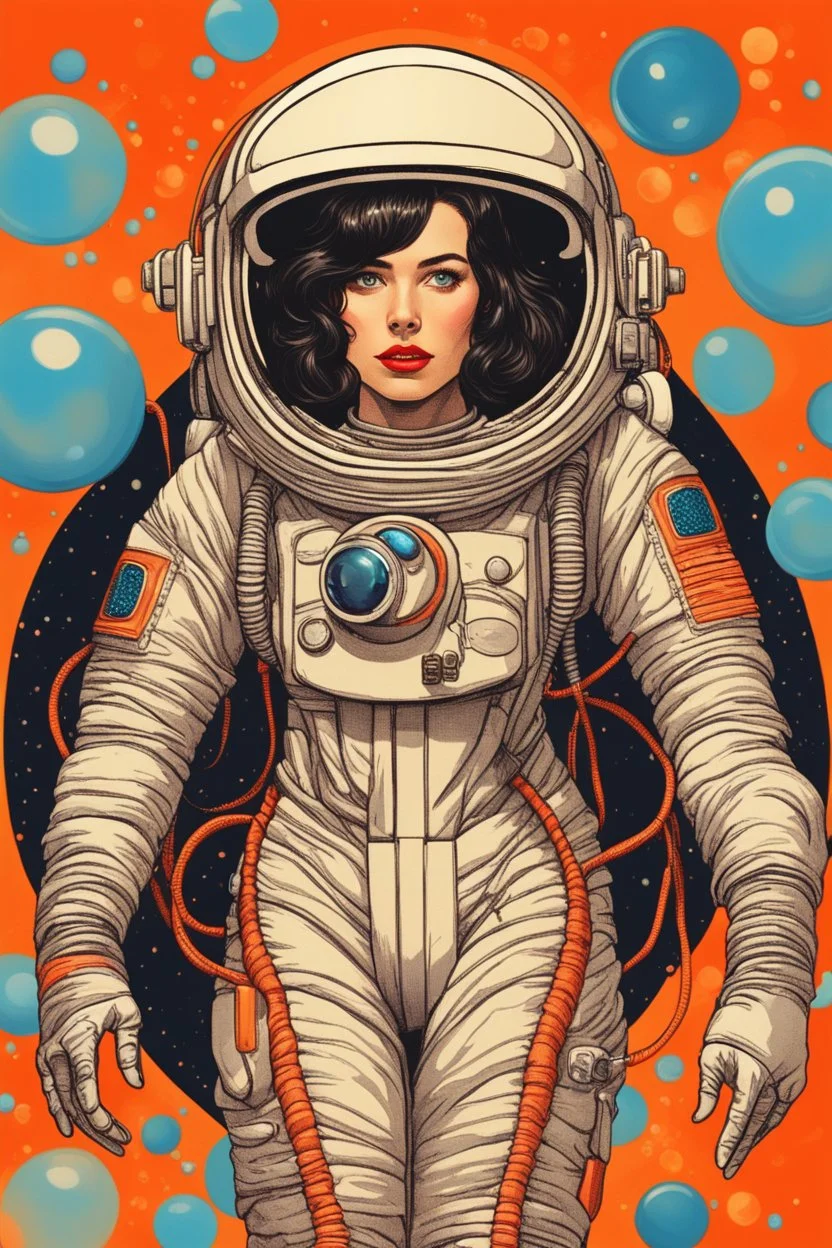 A retrofuturistic portrait of an astronaut woman with dark hair, wearing a space suit and surrounded by floating bubbles on an orange background. She has red lipstick and blue eyes, looking at the camera. The artwork is in a vintage style, reminiscent of classic science fiction illustrations from old books. It's in vibrant colors, with detailed attention to her costume and accessories in the style of classic science fiction illustrations. --ar 4:5 --v 6. 0