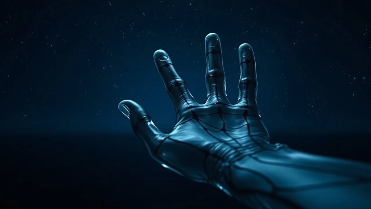 transparent glass arm with black veins reaching out from the black sea towards the deep blue sky and five fingers, dark universe, faint stars, galaxy, detailed, high realistic, impressive, dark. gloomy