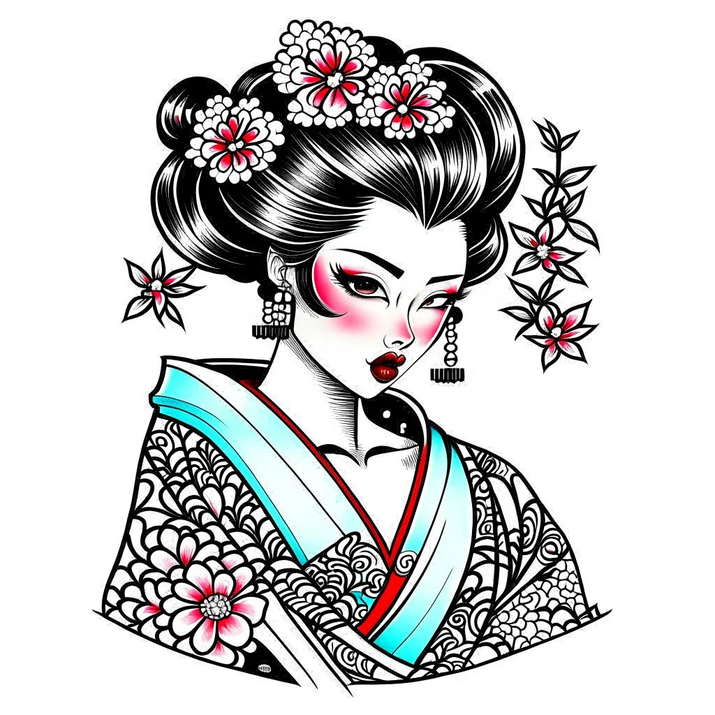 Tatto design Neotraditional style , Geisha with a Cherry Blossom Kimono, white background, tatto style, front view, black ink