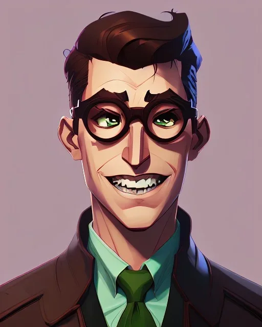 Fit man in round glasses, smiling eyes, wavy hair, stubble, slim, tie, monotone, green eyes, comic book style, two tone colours, detailed, ink, realistic, handsome, square jaw, big brows, no jacket, bird on the shoulder, spotlight