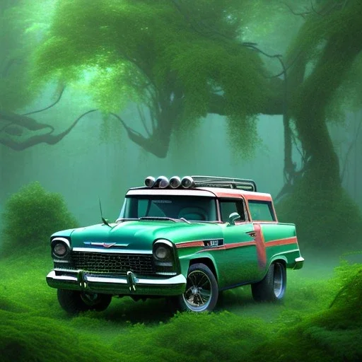 volumetric forest lush nature environment and background, concept study, close-up pencil sketch and color marker of 1955 chevrolet nomad monstertruck, house of kolor candy paint, hot wheels™, custom, car-toons, big moster truck, classic huge monster wheels, realistic shaded volumetric lighting, ambient occlusion, anime, backlight, random custom bodywork and coachbuilding by roy brizio