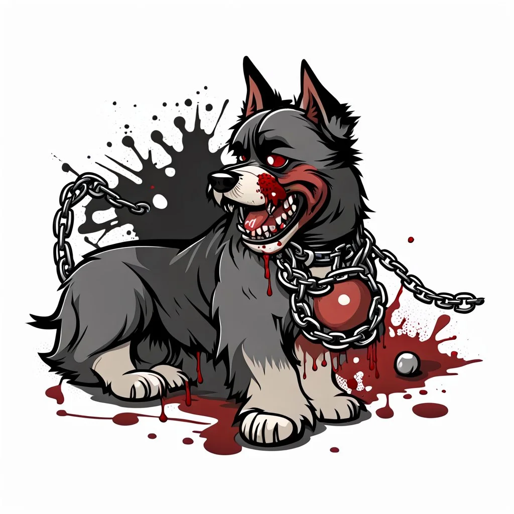 left facing angry Terrier dog with a ball chain collar around neck, a chain leash attached to collar, blood shot eyes, bloodied teeth, vector