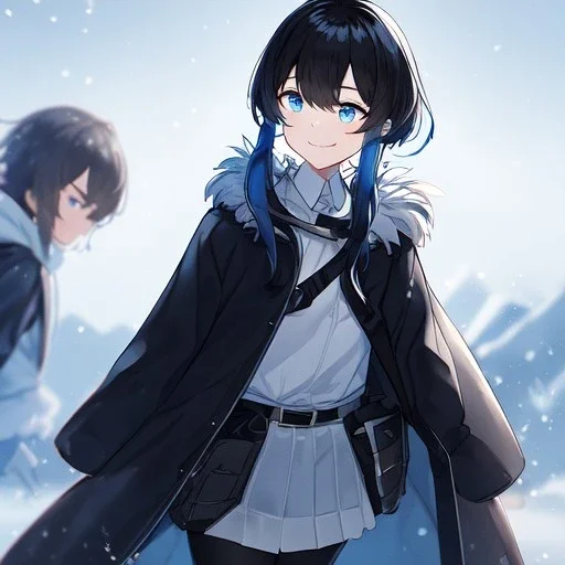 Clear focus, High resolution, black short fluffy hair, long locks, smiling, wearing a black coat and a white short skirt with black leggings on, wearing a white shirt, wearing a grey belt, looking confused, snow in the background, blue sparkling eyes