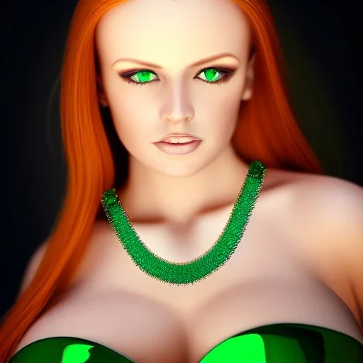 fullbody portrait of beautiful young busty atletic amazon Redhead woman with big Green sad eyes with big emeralds necklace by Anthony Devas 8k