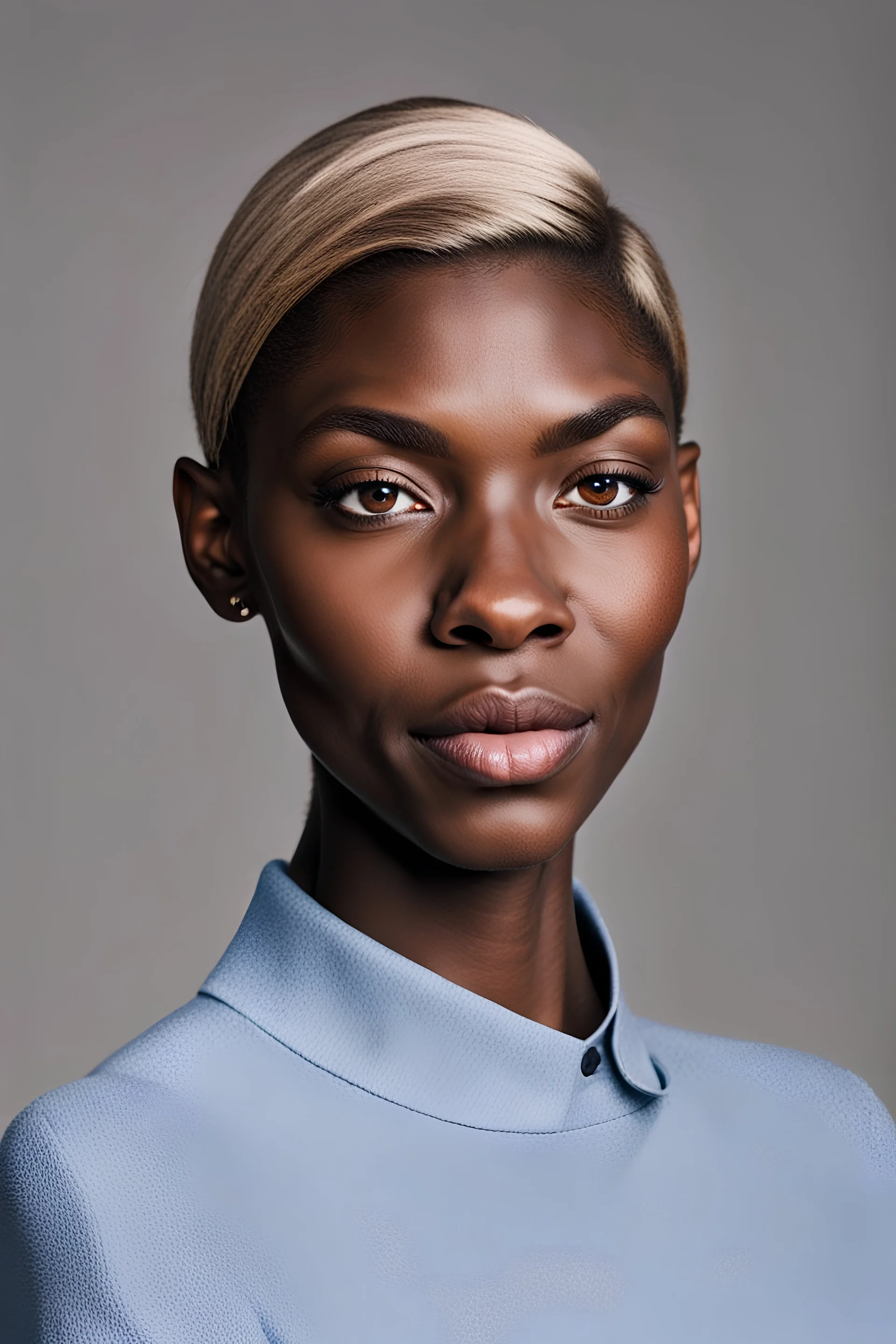 Beautiful caucasian woman, michaela coel, 22 years old, (pale:1.5) skin, light-blue eyes, blond (straight:1.5) short hair, slim, lady, without makeup, sitting in a chair