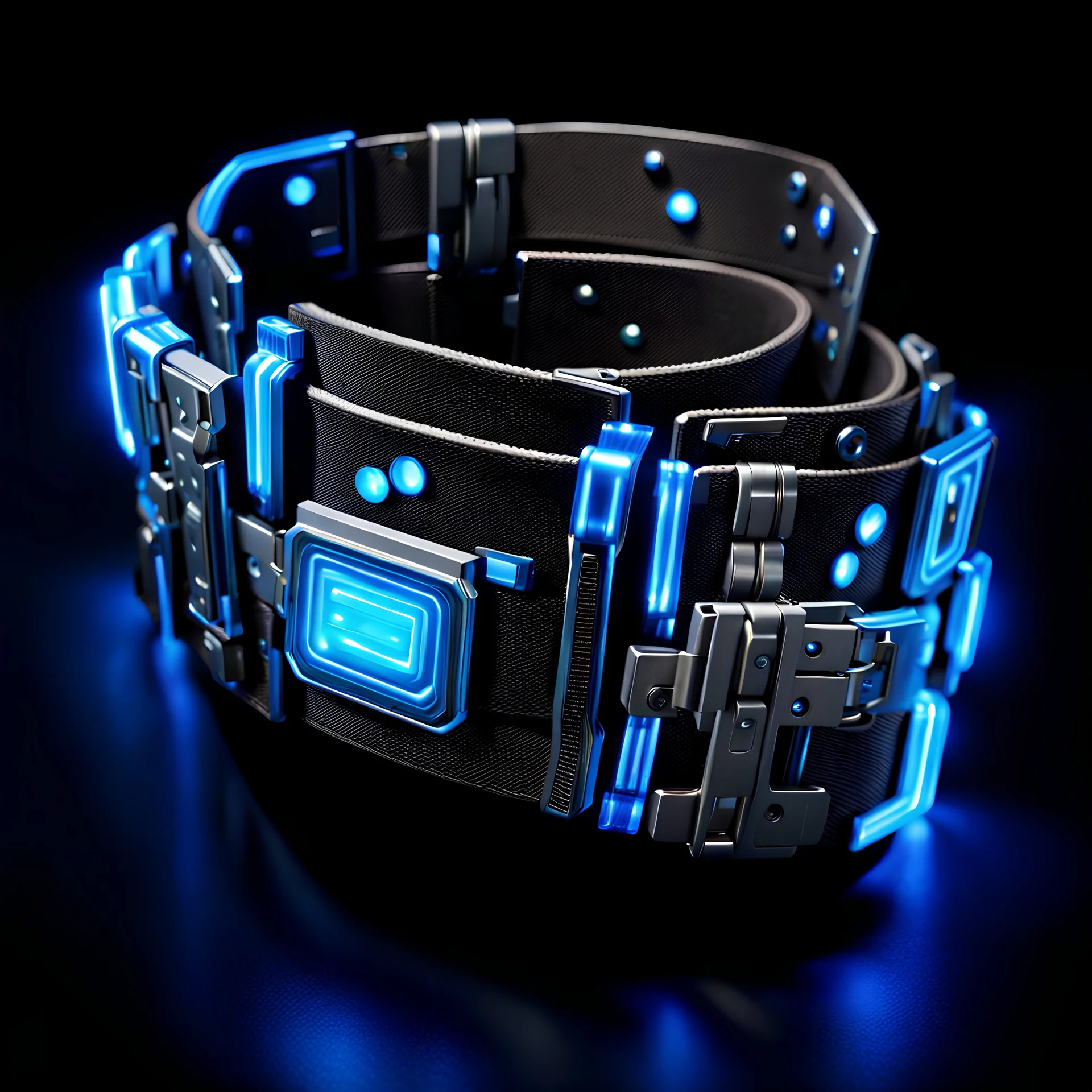 one cyberpunk belt, black background, blue lighting