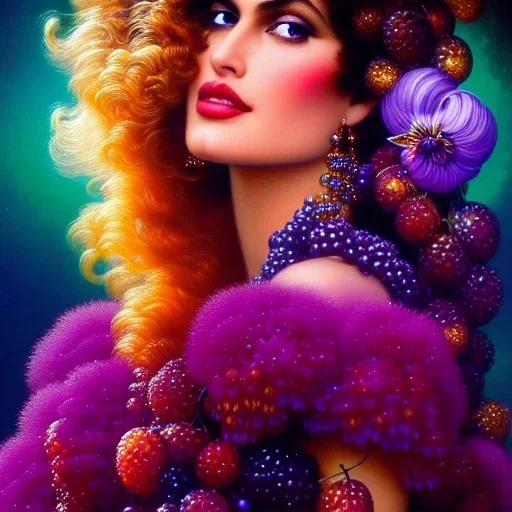 Hyperdetailed oil on canvas, gia carangi, detailed face, long hair, surrounded by luminous colorful sparkles, gypsy, grapes, blueberries, plums, sumac, purple by anne stokes, gaspar camps, maxfield parrish, alphonse mucha, cyril rolando, airbrush, depth of field, octane render, volumetric lighting; deep colors, symmetrical, cinematic, high coherence, golden ratio, rule of thirds, perfectly centered; anatomically correct faces, by james r. eads, ilon wikland art, vladyslav yerko, joanne scribner