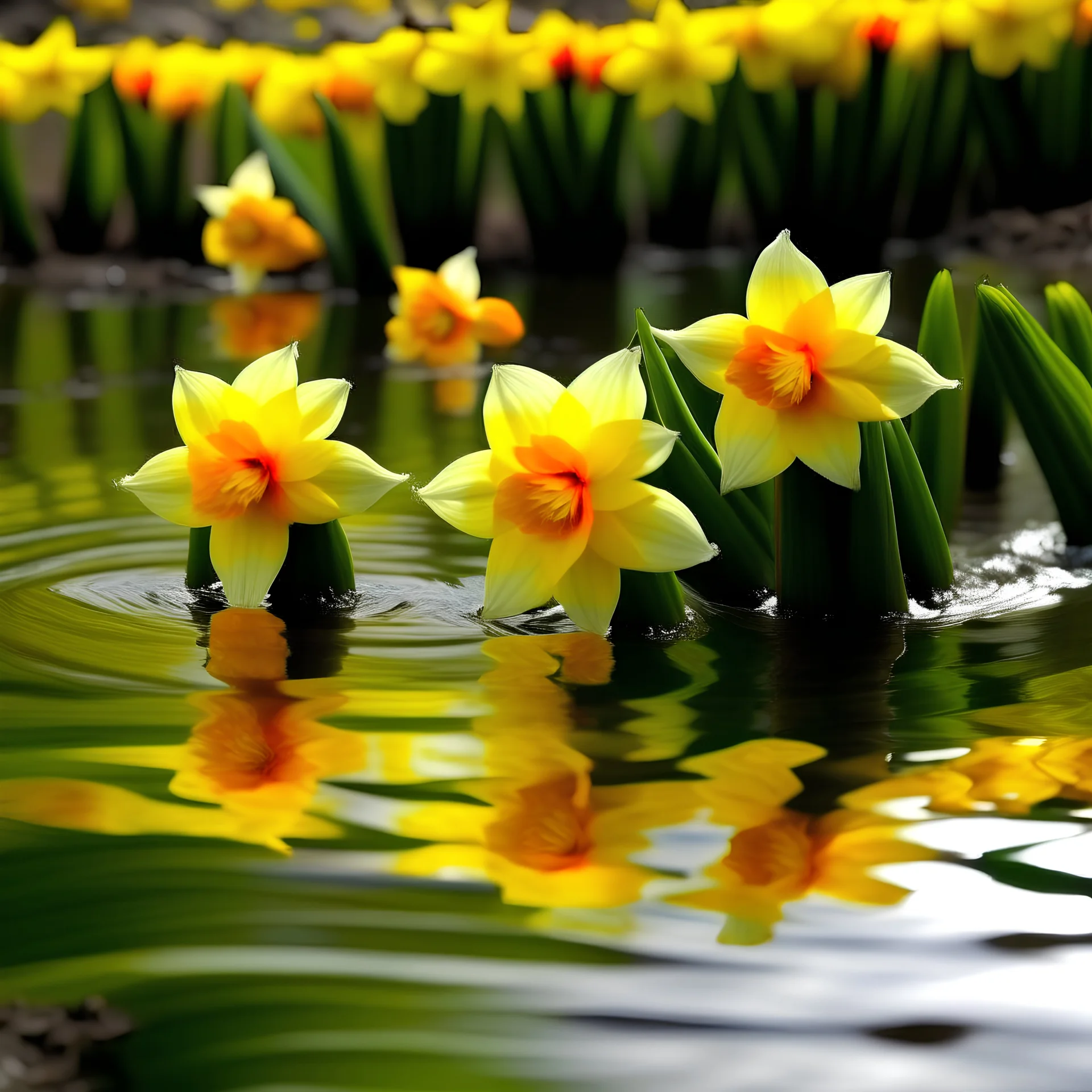 daffodils in a pond image