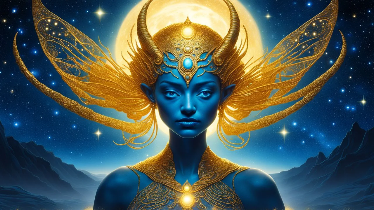 The goddess appears on a starry night. Her eyes glow with an unearthly hue, and her antennae move delicately in the void of space. The body, shrouded in a golden aura, glows, reflects the light of the surrounding stars. Blue, Despite her alien appearance, her beauty is almost otherworldly, conveying a sense of calm and mystery.