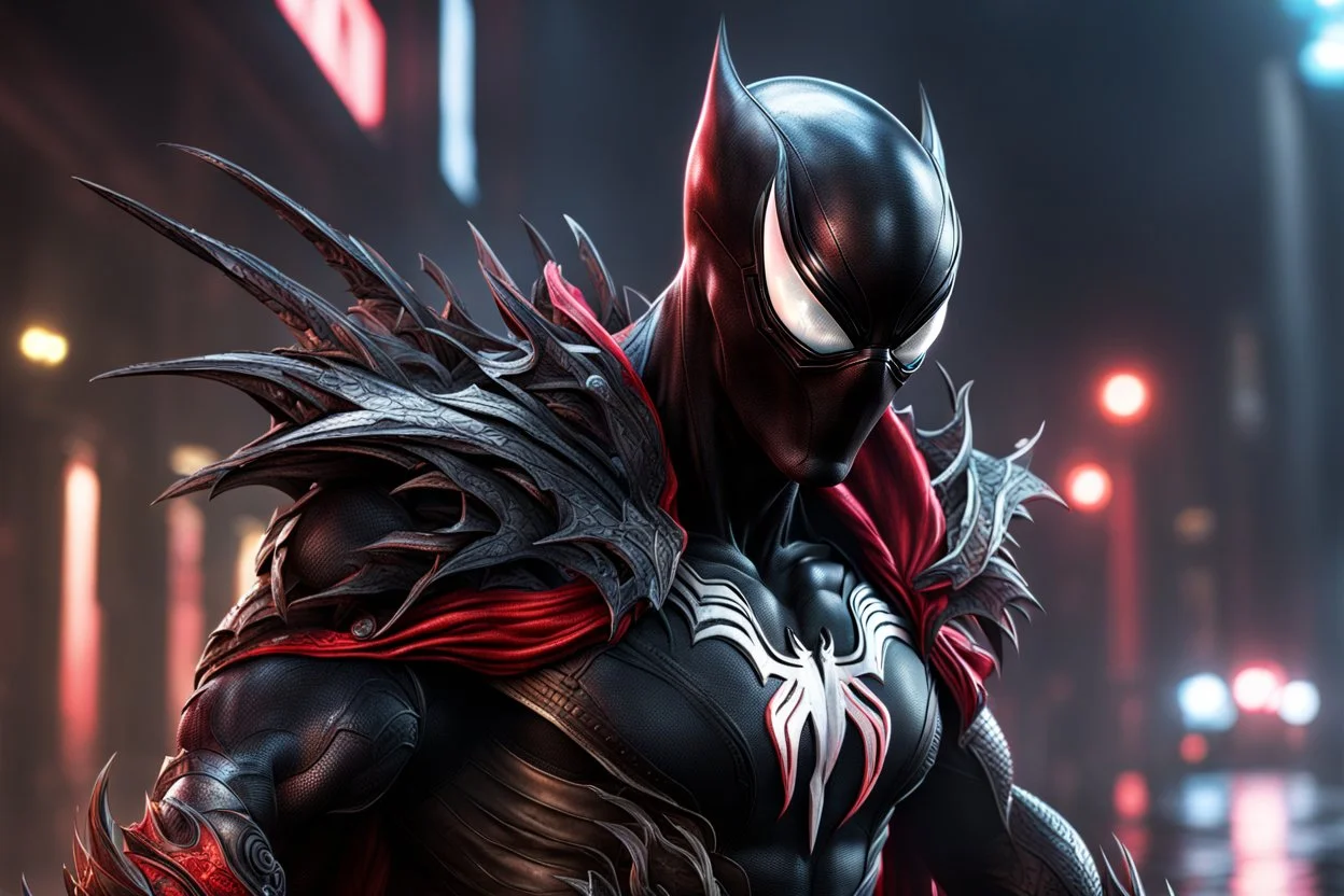 Spawn Venom in 8k cgi game drawing style, spawn them, close picture, rain, neon, intricate details, highly detailed, high details, detailed portrait, masterpiece,ultra detailed, ultra quality