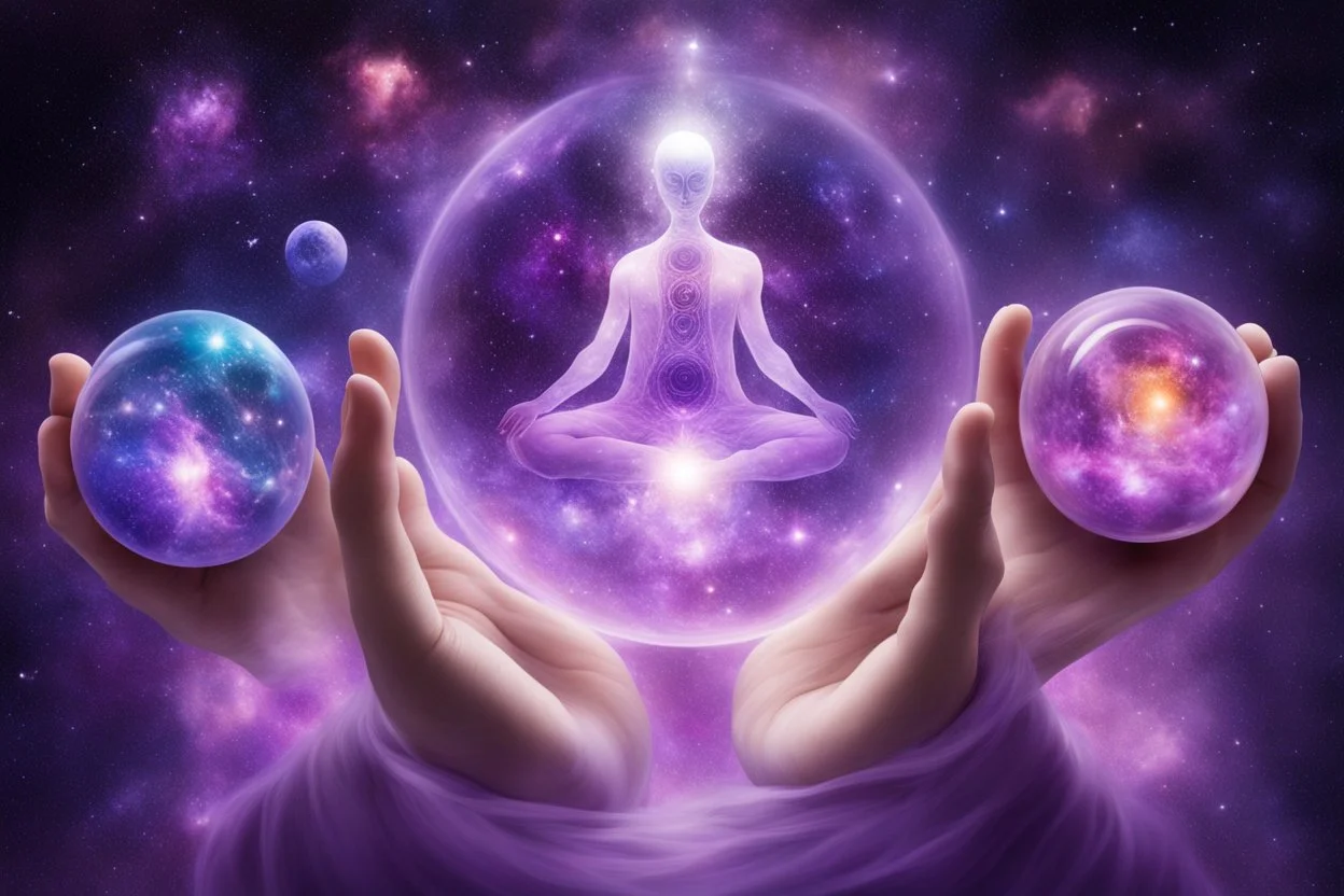 kundalini, connected to the universe, few colours of galaxy, holding galaxies in few hands in glass balls, purple colours and few more colours