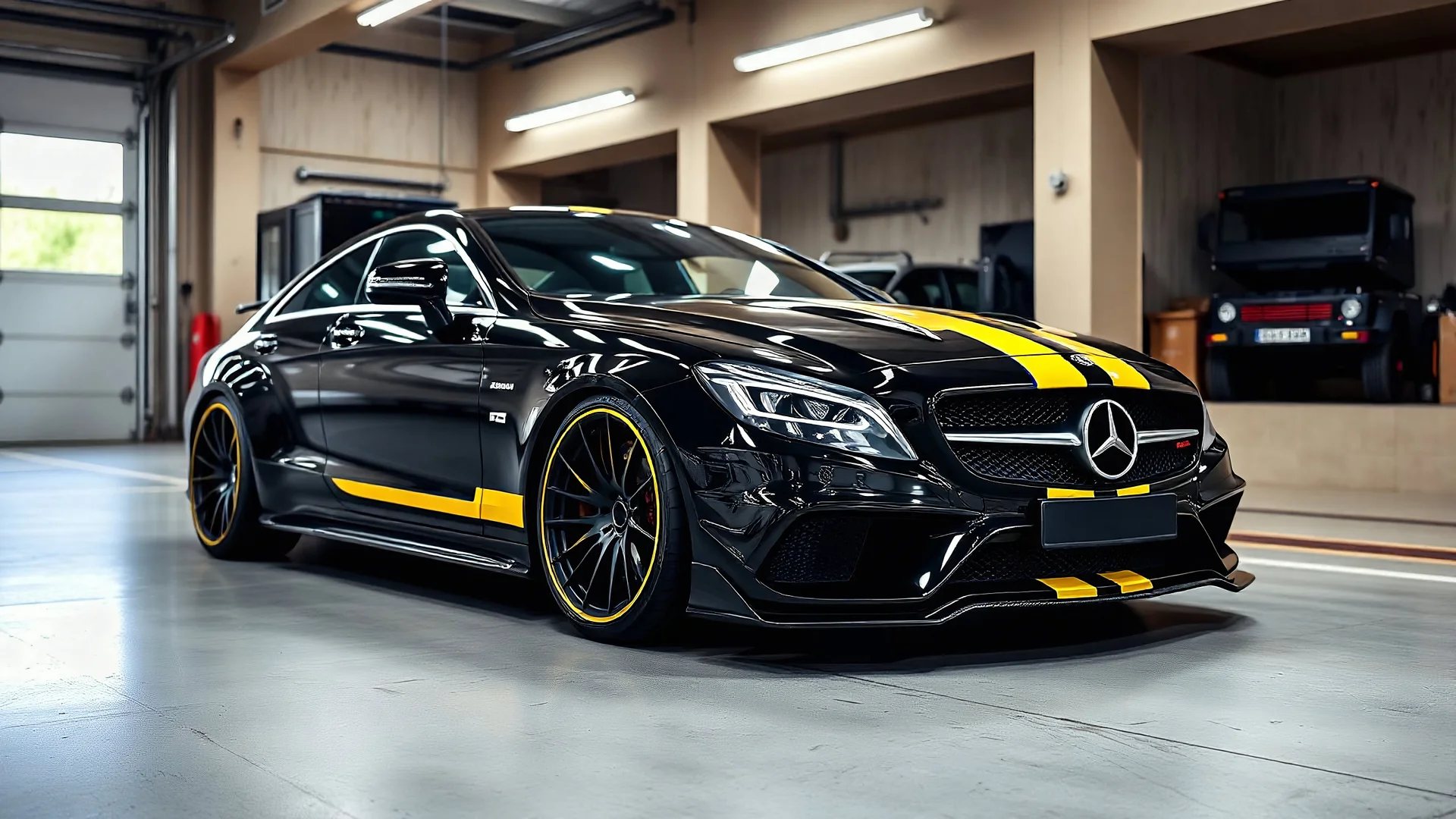 A tuned black Mercedes-Benz CLS 550 Shark with yellow and blue stripes parked in a luxury garage with a birch theme.