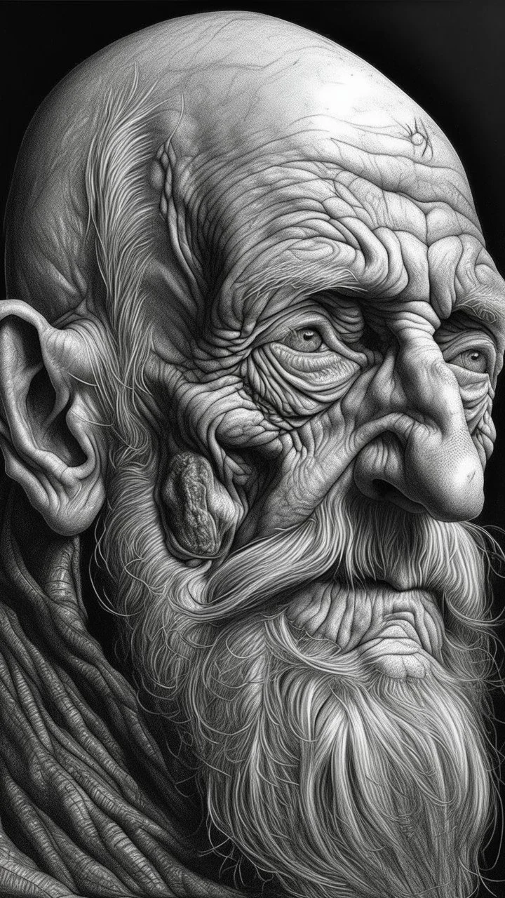 𝙋𝙧𝙤𝙢𝙥𝙩 highly detailed graphite illustration, A surreal elderly figure with exaggerated anatomical features, heavily wrinkled skin, and an intense, contemplative expression. bald head, thick eyebrows, long beard merge into swirling abstract shapes. Large, expressive hands, one covering the mouth and the other gripping the forehead tensely. Mysterious, introspective, dreamlike, somewhat dark fantasy. #𝙙𝙧𝙚art #prompt