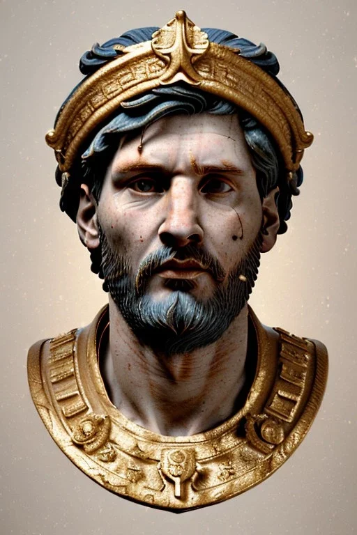 Ultra Realistic image, Roman sculpture, white marble material, Lionel Messi, gold Laurel leaves wreath, renaissance ornaments, one gold star in heart, marble and gold ornaments background, chisel style, waist up portrait, emperor style, epic, celestial, cinematic lighting, God light, god rays, 4k resolution, smooth details, ornate details, soft lighting, unreal engine 5, art station, substance 3d.