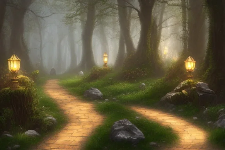  stone path lanterns forest