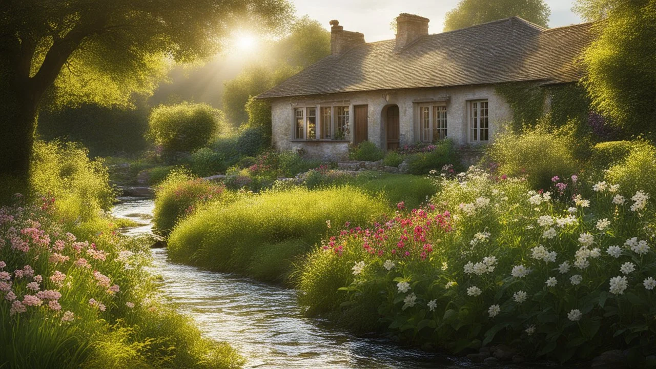 Beautiful realistic rural landscape, warm sunshine, lush plant growth, flowers, brook, peaceful, delightful, idyll, award-winning photograph, detail, beautiful composition, attractive colour, chiaroscuro, rule of thirds, arts-and-crafts house