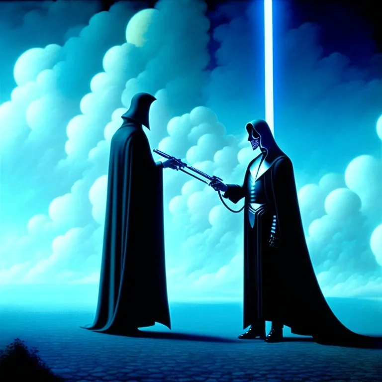 The Grim Reaper in Tron world, discussing the future of the universe, art by Magritte and Pixar