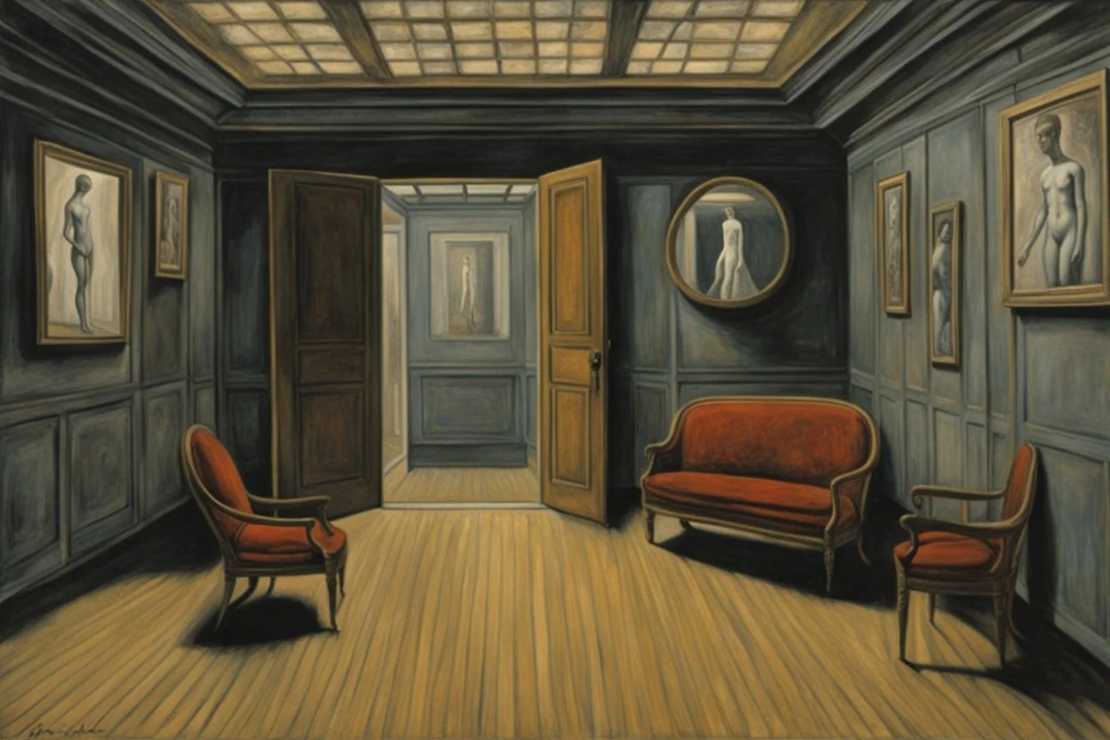 Sartre's "No Exit" otherworldly waiting room, fearfulness is the eyes of the Other, colorful hallucinatory luridness, surrealism, by Paul Delvaux, relentless restlessness, macabrely fascinating pronounced sense of the strange, haze of the liminal space, room of fractured reality.