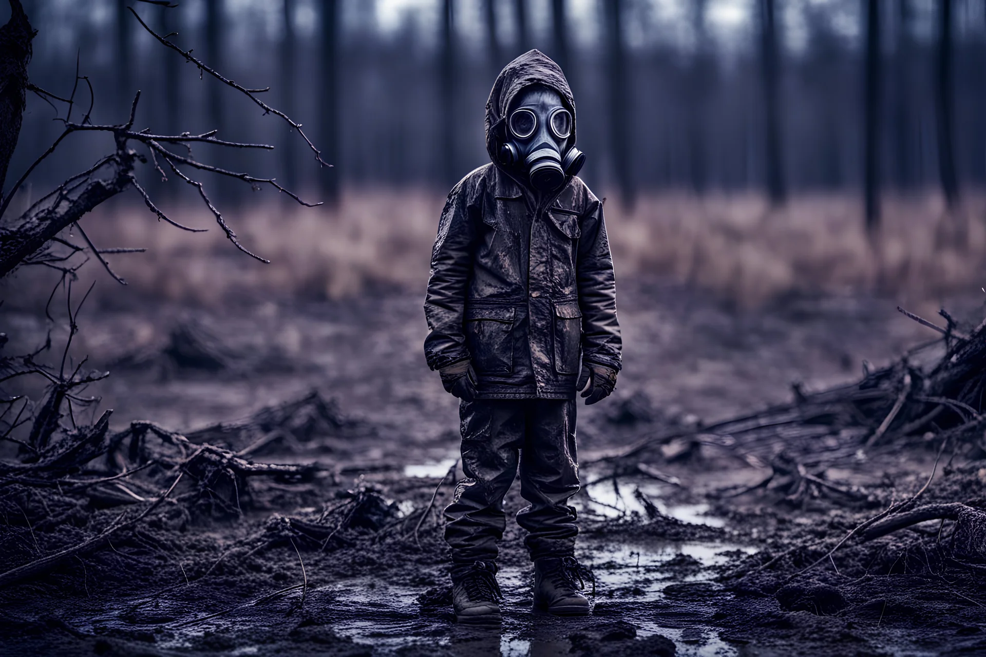 kid with gas mask on, covered in mud, alone in a field, dead trees, crying, photograph, 4k