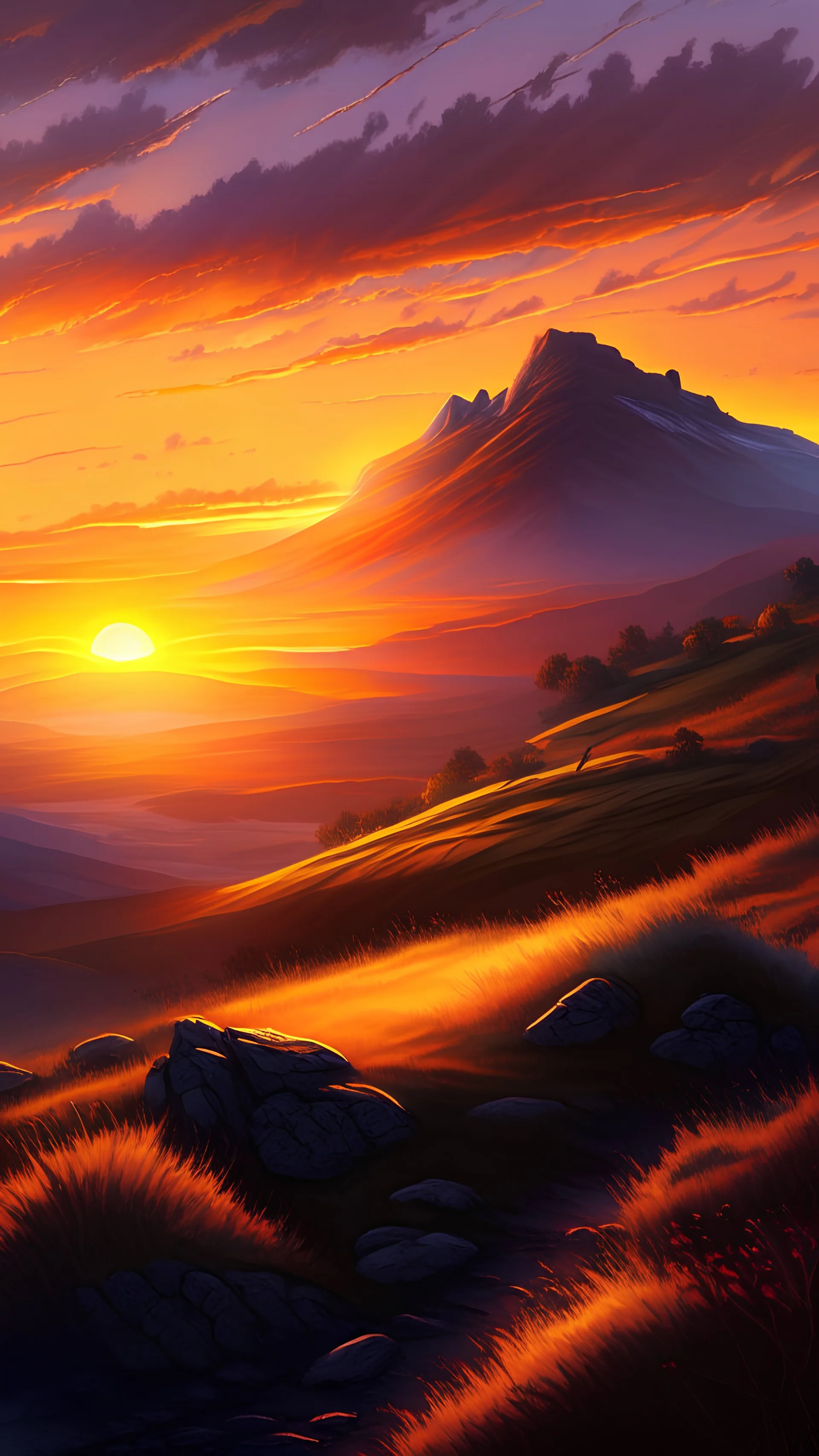 hill sunrise, background, art, very realistic, illustrative, detailed.