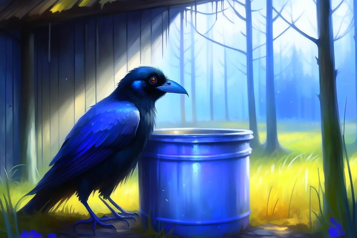 Generate an image of crow with eyes widened in surprise as he spots a shiny bucket near a cottage. Emphasize the contrast between the dry forest and the hint of water near the cottage.