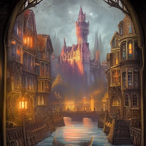 A magical gothic canal city of wizards, witches and warlocks with a castle Nick Harris style