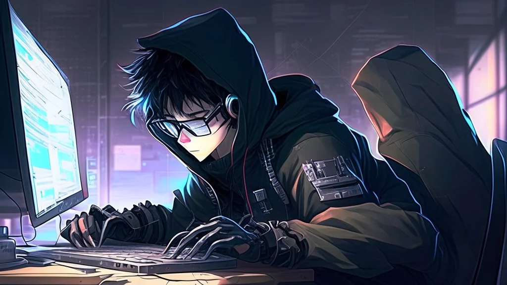 picture of a hero hacker at work in the style of realistic anime