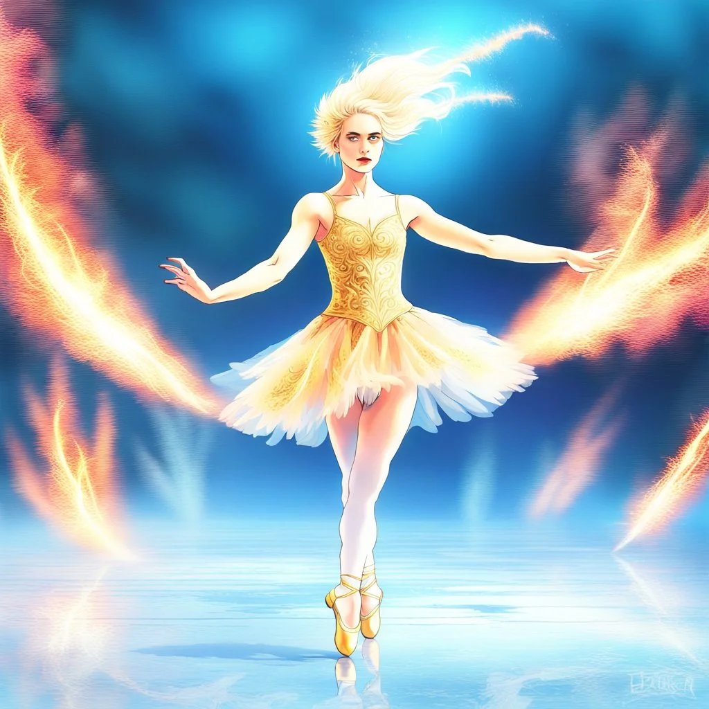 Blonde ballerina iwith blue eyes n gold embroidered dance clothes tiptoes on an ice surface, surrounded by smoke and fire rising from the ice surface and falling from the sky, with colorful fireworks in the background, breathtaking fantasy art, breathtaking digital art, stunning digital art. , dramatic fantasy art, surreal digital artwork , inspired by Liz Dharma, by Liz Dharma, magical realism and dark fantasy, trendy digital fantasy art, dark fantasy digital art, accurate and u