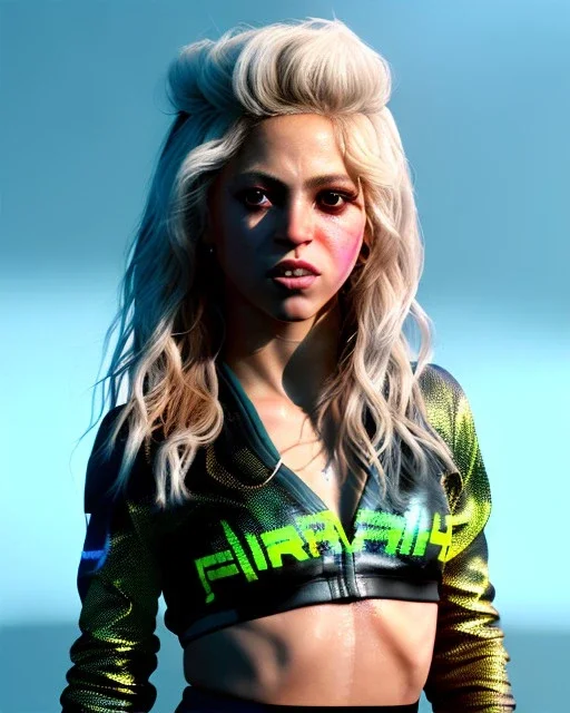 portrait, Shakira, blonde artist, angry, Realistic image, MMA robe, hoodie, mma gloves, loose long hair, fight pose, eyes, make-up, gold line make-up, moisture, sweat, fog, goddess, Neon colors, leds. Black background, photo studio, concept art, smooth, unreal engine 5, god lights, ray tracing, RTX, lumen lighting, ultra detail, volumetric lighting, 3d, finely drawn, high definition, 4k.