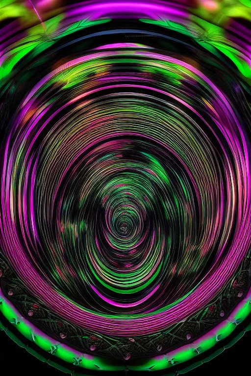 Portrait photography, big snail on a leaf , vector art, maze , in the style of H.R.Giger, intricate details, fractal, black background, vivid psychedelic colours, gradients, fluorescent, bioluminescent, 35mm lens, vivid colours, DMT art--ar 2:3