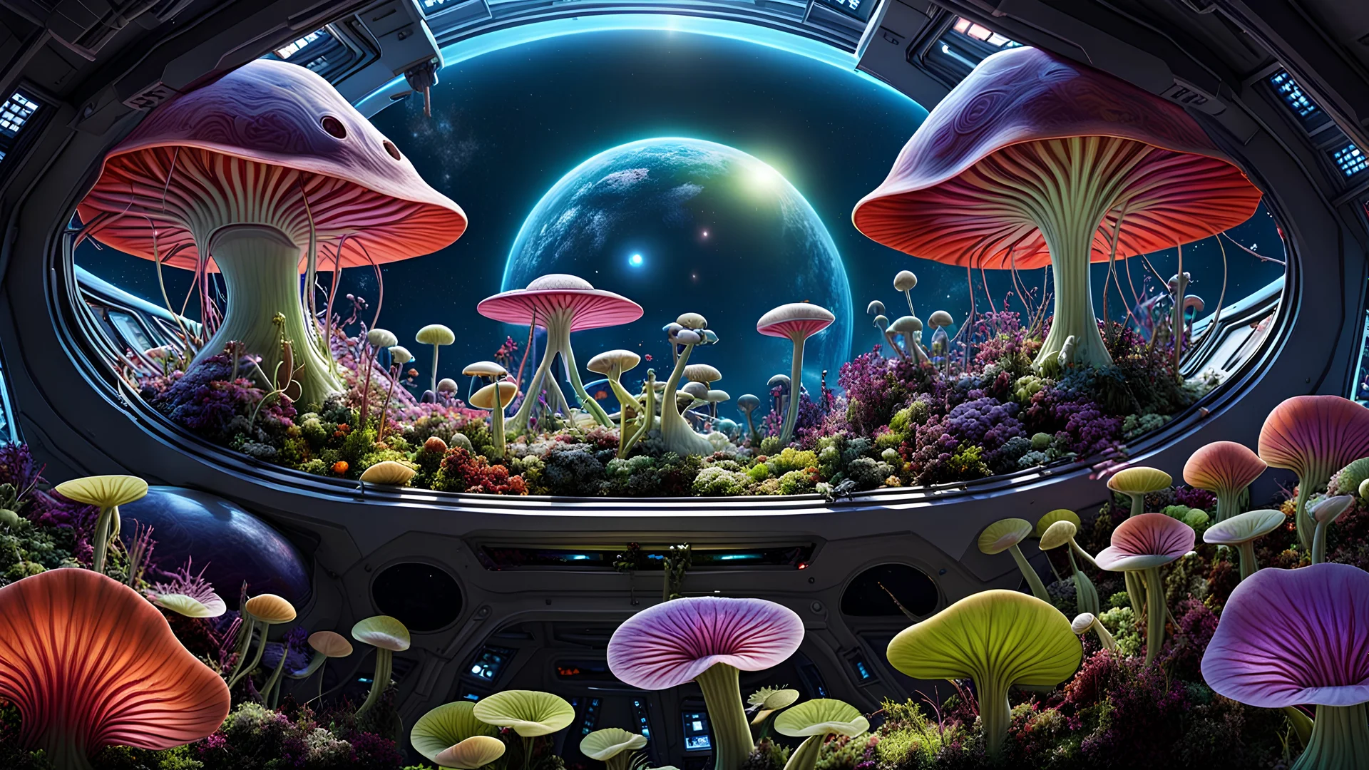 fungal creatures tending a colorful garden of alien flora and Venus flytraps on a spaceship, you can see the universe in the background through the windows. Fungal art, deep color, rich color, ultra high detail, ultra high quality, 8k resolution, sharp focus, perfect anatomy, back lit, dynamic lighting