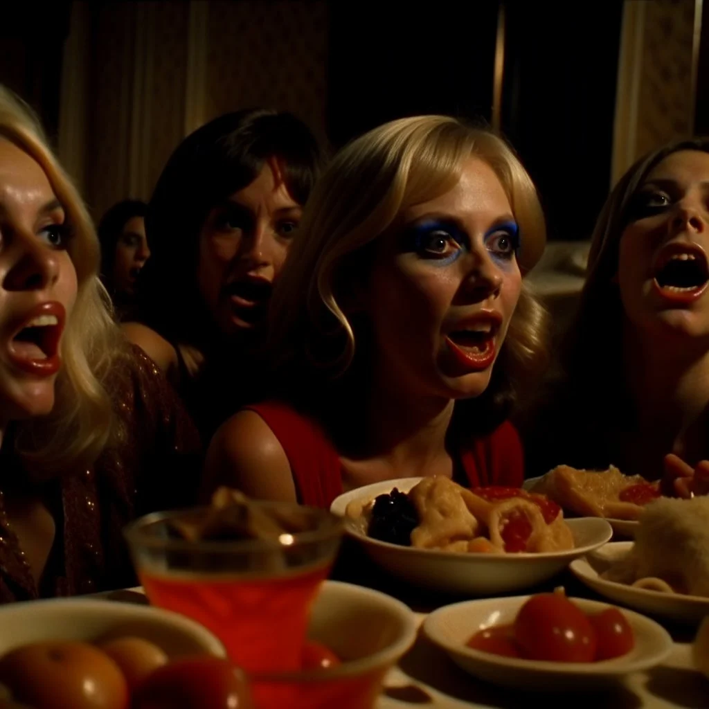 Horror movie shot, hot, ultra realistic, dine, horns, ultra chaos, realistic hot blonde women, party, pieces of meat, tongue, organs, hot dynamic, very excited people, hypermaximalist figures, light, 1970's Italian horror movie, sinister,, Dario Argento, Stanley Kubrik, ornate, 4k, photorealism